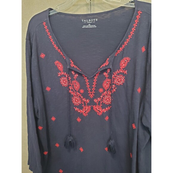 Talbots Woman Blue Slub Knit Embroidered Tie-Neck Tasseled Peasant Top Size 3X - Picture 3 of 7